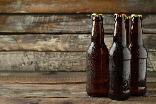 Seis paquetes de botellas de cerveza marrón en una mesa de madera