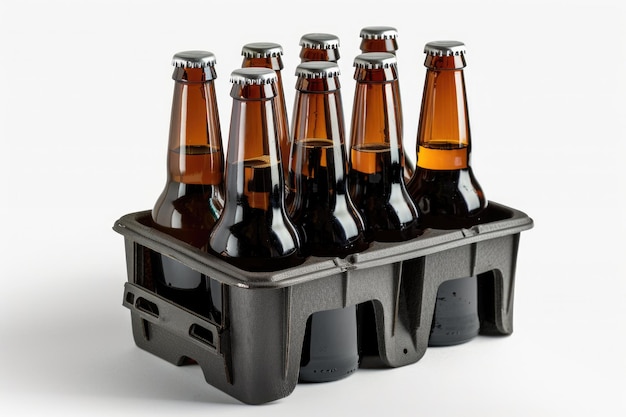 Seis paquetes de botellas de cerveza marrón en el portador sobre un fondo blanco