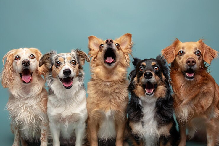 Seis perros visuales con la boca abierta en un fondo azul claro atmósfera lúdica