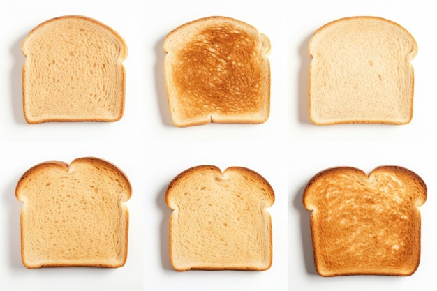 Seis rebanadas de pan tostado están aisladas sobre un fondo blanco.