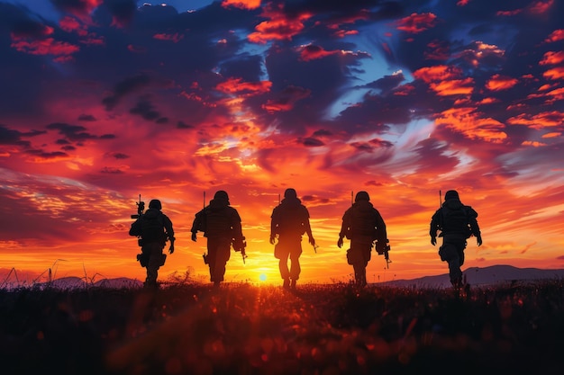 Seis silhuetas militares no fundo do céu ao pôr-do-sol
