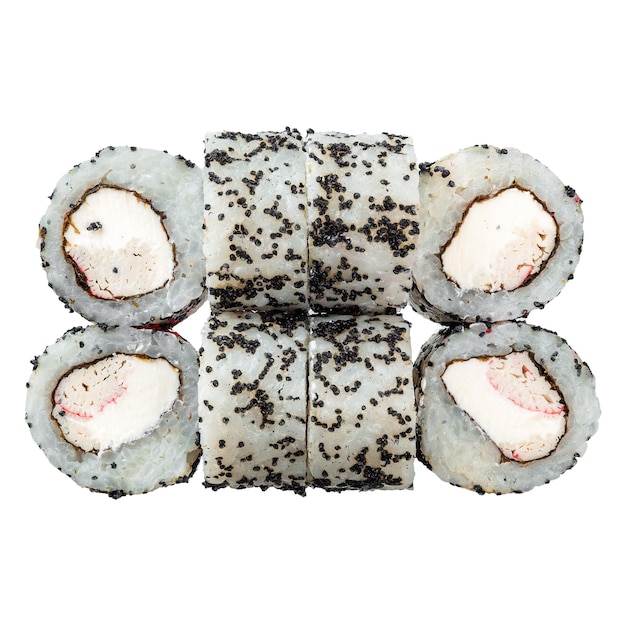 Seis de sushi roll en el fondo blanco Primer plano de deliciosa comida japonesa con sushi roll