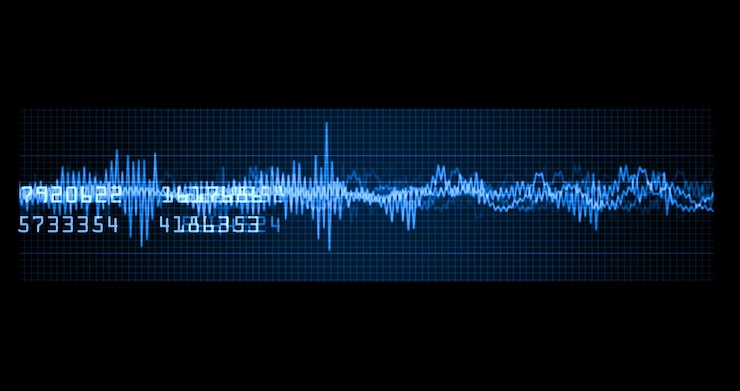 Foto seismograma forma de onda osciloscopio espectograma azul equalizador musical onda de sonido emergencia ekg monitoreo de pulso cardíaco de neón azul electrocardiograma de ritmo cardíaco pantalla digital de primer plano