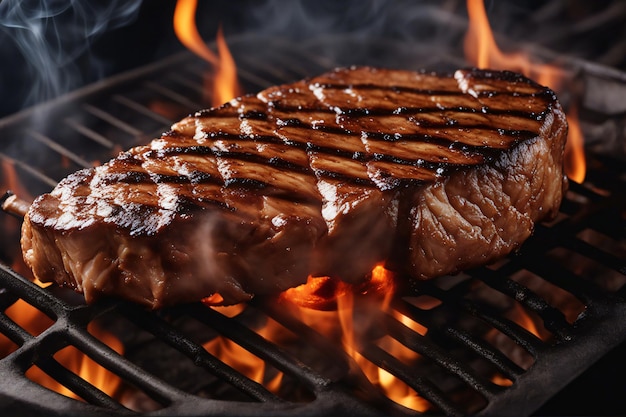 Seitan-Steak gegrillt auf einem rustikalen Grill mit Flammen und Rauch