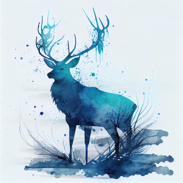 Seitenansicht Aquarellillustration mit einem schönen Hirsch mit großen Hörnern Generative KI