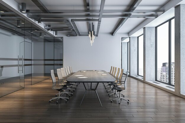 Seitenansicht auf dunklem Besprechungstisch und Rollstühlen unter modernem Kronleuchter oben in geräumigem Konferenzraum mit hellgrauem Wandhintergrund aus Holzboden und Blick auf die Stadt bilden große Fenster 3D-Rendering
