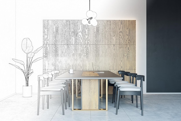 Seitenansicht auf moderne Konferenzraum-Innenarchitektur-Projektentwicklung mit Holzmöbeln und Wanddekoration im Hintergrund 3D-Rendering