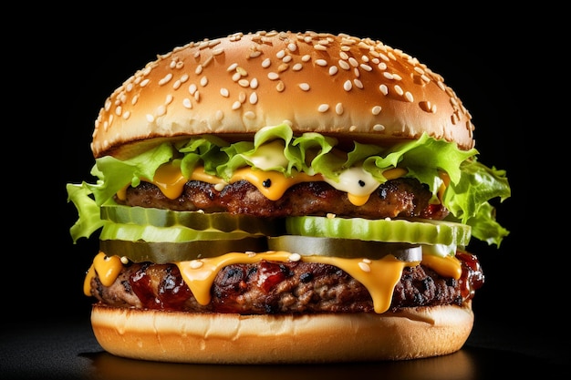 Seitenansicht Cheeseburger gegrilltes Rindfleisch mit Käse und Salat zwischen Burgerbrötchen