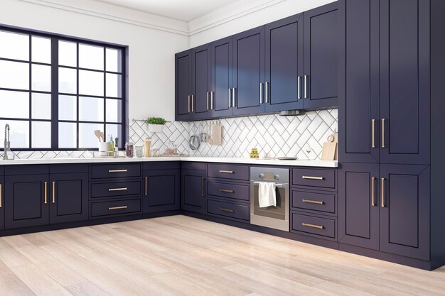 Seitenansicht der dunkelblauen, stilvollen Küche in einem geräumigen Küchenraum mit großen quadratischen Fenstern, hellen Wänden und Holzboden 3D-Rendering
