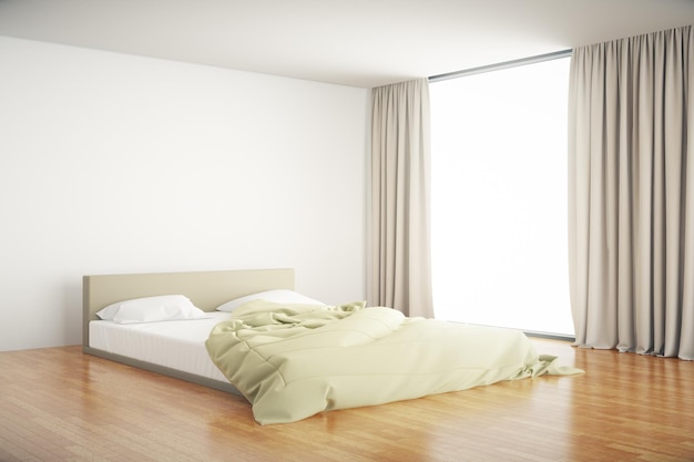 Seitenansicht der Inneneinrichtung eines Schlafzimmers mit ungemachtem Bett und leerem Fenster mit Vorhängen. 3D-Rendering-Attrappe
