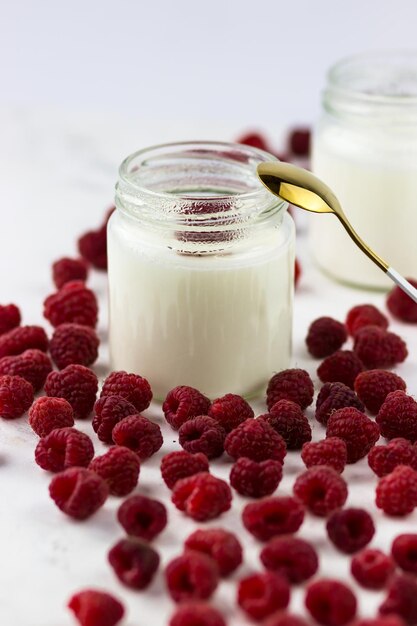 Seitenansicht des apetite gesunden Joghurts Hausgemachter Joghurt mit Himbeeren