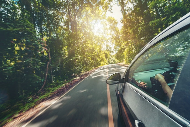 Seitenansicht des Autos, das auf Straße in Waldautobahn fährt