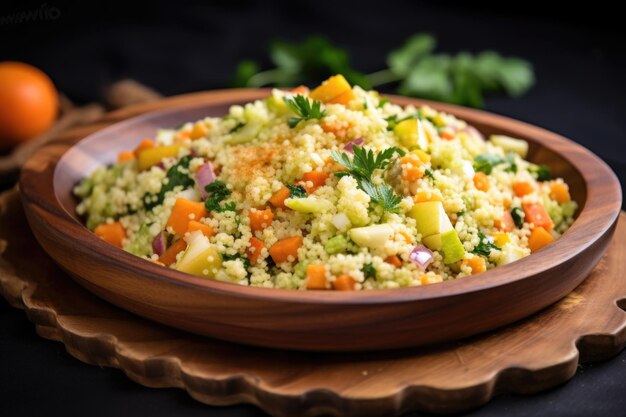 Seitenansicht des Couscous-Salats, serviert auf einer rustikalen Holzplatte