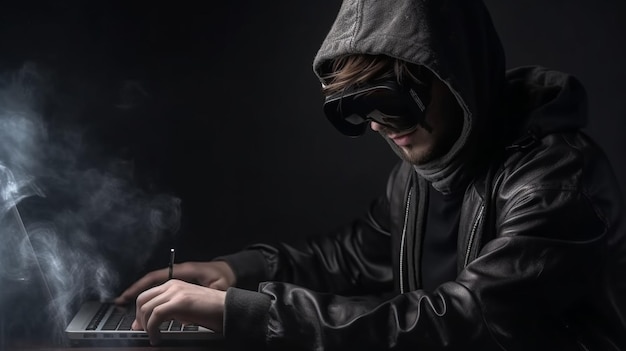 Seitenansicht des männlichen Hackers mit Handschuhen und Laptop