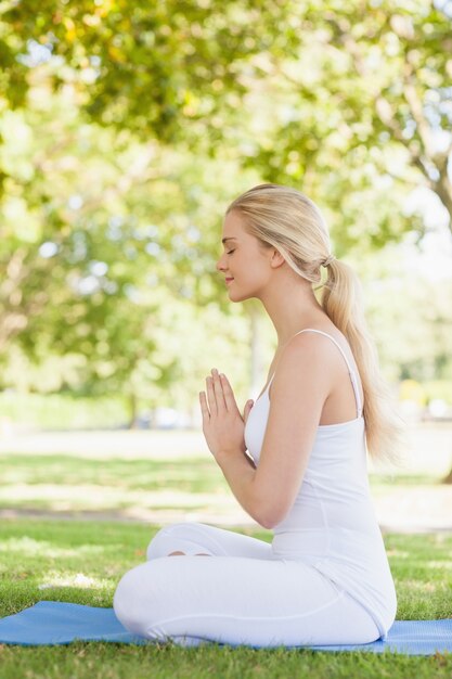 Seitenansicht des meditierenden Sitzens der schönen ruhigen Frau auf einer Übungsmatte