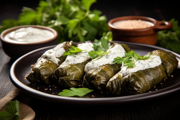 Seitenansicht Dolma gefüllte Weinblätter mit Hackfleisch, Zwiebelgrün und Joghurt auf dem Tisch