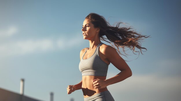 Seitenansicht einer fitten jungen Frau beim Cardio-Intervalltraining auf grauem Hintergrund. Fitness-Frau, die morgens im Freien trainiert