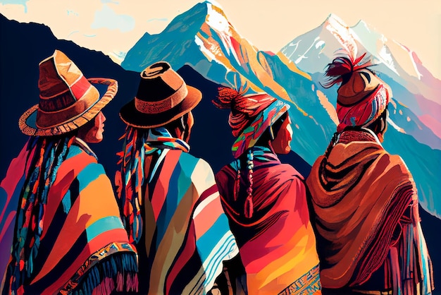 Seitenansicht einer Gruppe von Ureinwohnern der Anden mit Blick auf die mit einer Kappe bedeckten Berge. KI-Illustration