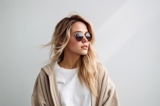 Seitenansicht einer jungen blonden Frau in stilvollen Kleidern und Sonnenbrillen, die in die Kamera schaut, während sie steht