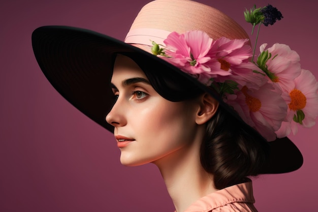 Seitenansicht einer jungen Frau mit Hut mit Blumen isoliert auf rosa Hintergrund AI-Generation