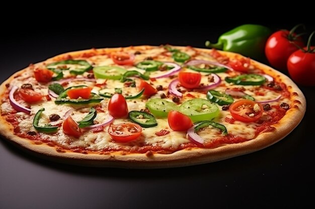 Seitenansicht einer köstlichen Pizza mit Tomatengrün auf einer gefärbten weißen Oberfläche