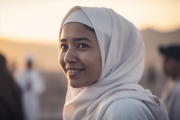 Seitenansicht einer schönen asiatischen muslimischen Frau in arabischer Hadsch-Kleidung in der arabischen Wüste