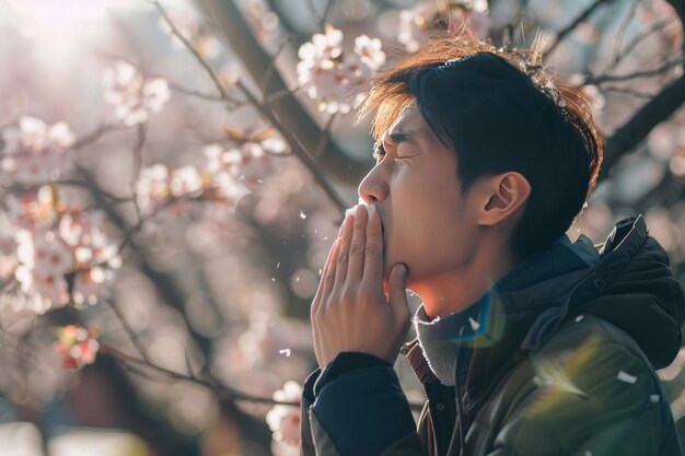 Seitenansicht eines asiatischen Mannes, der im Frühling im Freien niesen