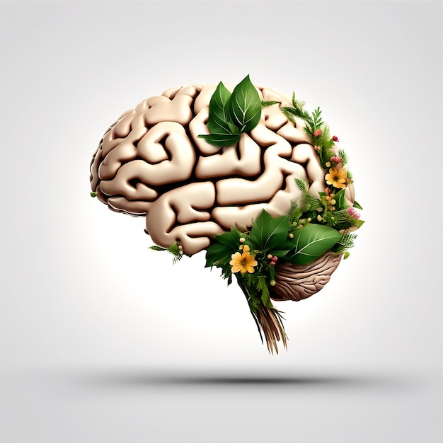 Seitenansicht eines Gehirns aus Blättern, Zweigen und Blumen, Öko-Konzept, perfekte Komposition