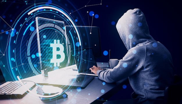 Seitenansicht eines Hackers am Schreibtisch mit Computern mit glühendem runden Bitcoin-Hologramm mit polygonalem Netz und Bokeh-Kreisen auf verschwommenem blauen Hintergrund Digitales Bankgeld- und Finanzkonzept