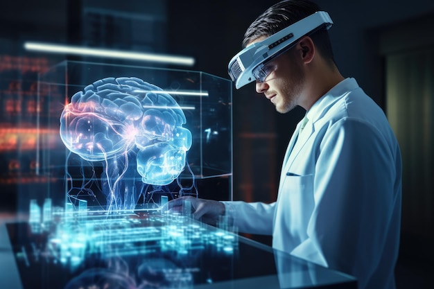 Seitenansicht eines jungen männlichen Wissenschaftlers, der ein Tablet mit leuchtendem Gehirnhologramm 3D-Rendering verwendet. Arzt überprüft Gehirntestergebnis mit Computerschnittstelle. Abstrakte KI generiert