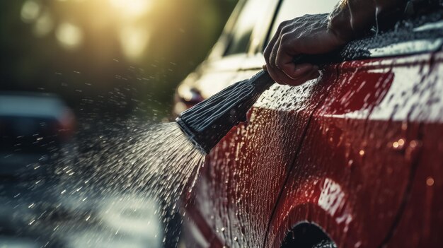 Foto seitenansicht eines männlichen bärtigen professionellen autowascharbeiters in schwarzen gummihandschuhen, der die graue mikrofiber hält und den kühlergrill eines luxuriösen roten autos wischt