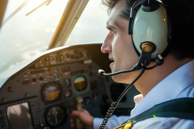 Seitenansicht eines Piloten im Flug mit Headset