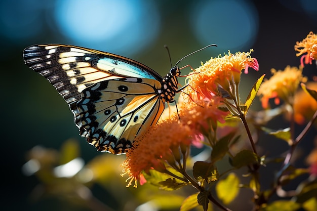 Seitenansicht eines Reispapier-Schmetterlings, der an einem hellen Tag auf dem blühenden Garten ruht