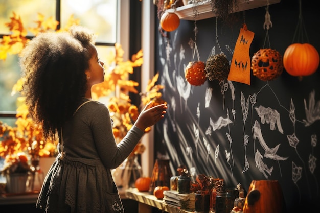 Seitenansicht eines süßen schwarzen Mädchens, das am Fenster steht und die Wand ihres Zimmers zu Halloween schmückt