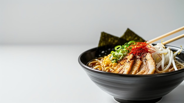 Foto seitenansicht eines tokyo shoyu ramen vor weißem hintergrund