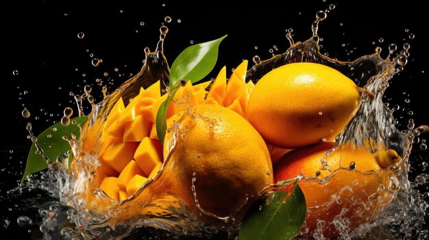 Seitenansicht frischer gelber Mangos, die mit Wasser auf schwarzem und verschwommenem Hintergrund bespritzt sind