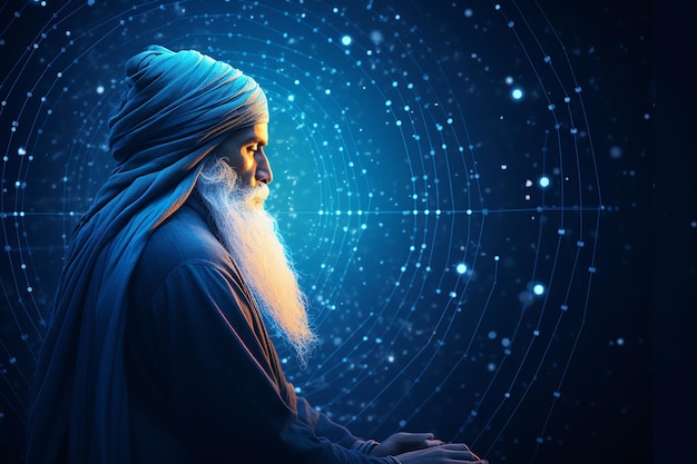 Seitenansicht Guru Nanak Illustration mit blauem neuronalen Hintergrund