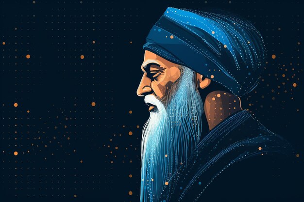 Foto seitenansicht guru nanak illustration mit blauem neuronalen hintergrund