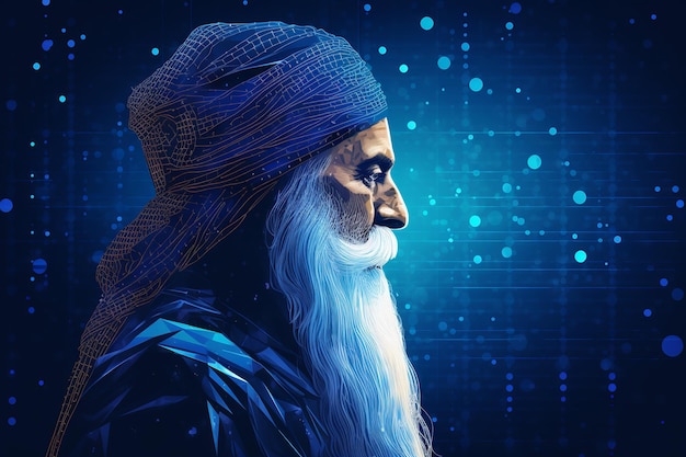 Seitenansicht Guru Nanak Illustration mit blauem neuronalen Hintergrund