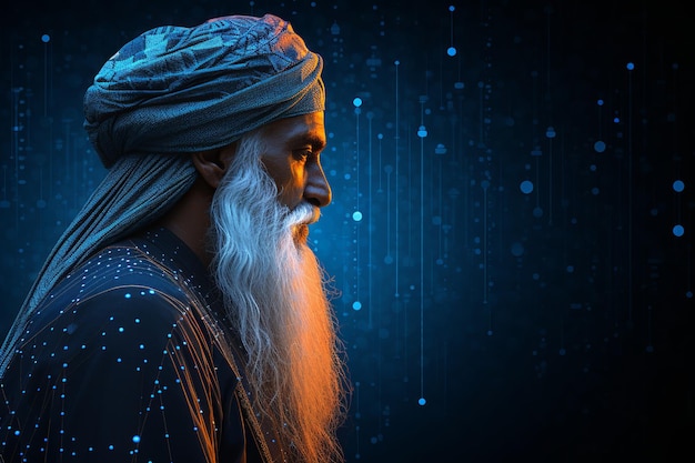 Seitenansicht Guru Nanak Illustration mit blauem neuronalen Hintergrund