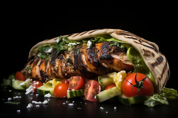 Seitenansicht Hühnerrolle gegrillter Hühner Salat Gurke Tomate und Mayonnaise in Pita