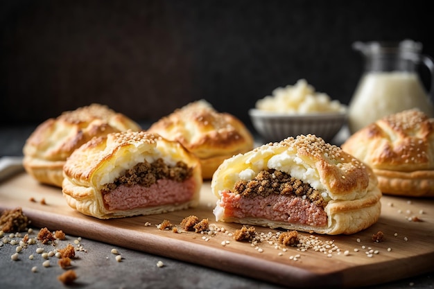 Seitenansicht Puffgebäck mit gemahlenem Fleisch, Sesamsamen und Shortcakes gefüllt mit Kartoffelbrei auf dem Tisch