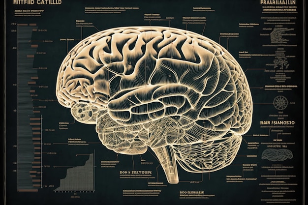 Seitenansicht Schematische Darstellung des menschlichen Gehirns im Retro-Skizzenstil Schöner bunter Illustrationsvektor Generative KI