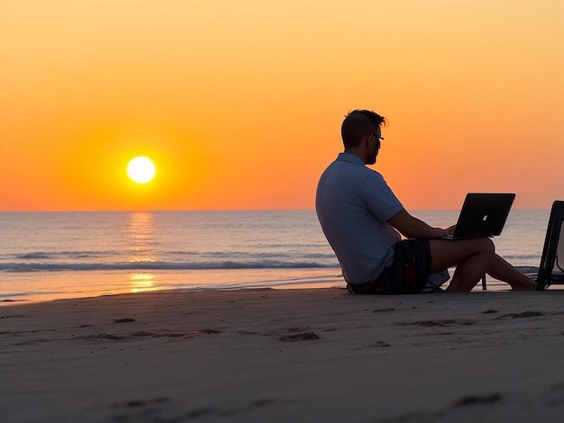 Seitenansicht Silhouette reifer digitaler Nomadenmann sitzt am Strandufer und arbeitet an seinem Laptop