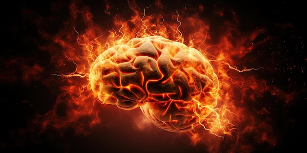 Seitenansicht von Brain on Fire explodierendes Gehirnkrankheitskonzept wie Parkinson, Alzheimer, Demenz oder Multiple Sklerose
