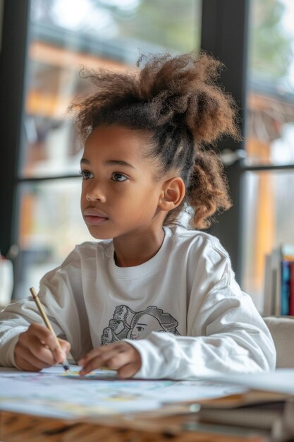 Seitenansicht von Ein schwarzer süßer Junge mit einer bun-Frisur ist tief konzentriert, während er an einem Tisch zu Hause auf ein Papier zeichnet