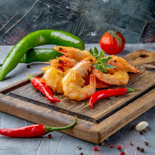 Foto seitenansicht von gebratenen garnelen mit roten und grünen paprika auf einem holzschneidbrett