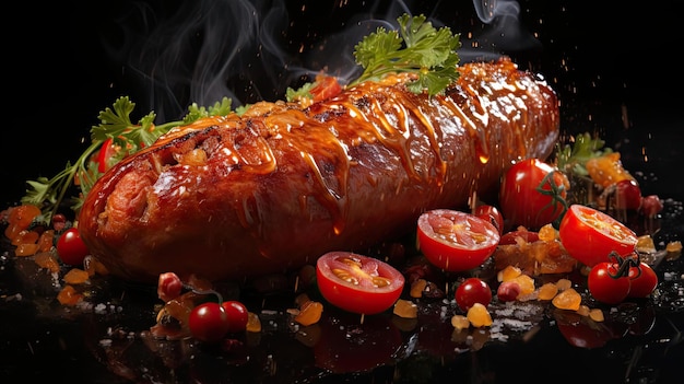 Seitenansicht von gegrillter Wurst mit geschmolzener Barbecue-Sauce auf schwarzem und verschwommenem Hintergrund