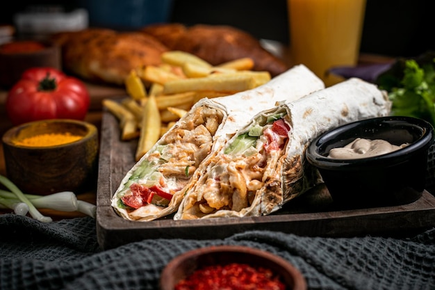 Seitenansicht von Shawarma-Brötchen und Bratkartoffeln an Bord und Mayonnaise in einer kleinen Schüssel