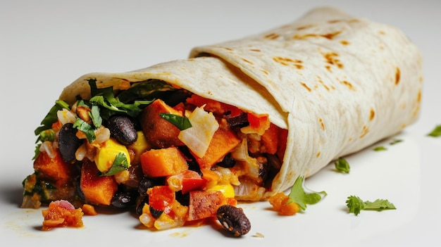 Seitenansicht von Sweet Potato und Black Bean Burrito vor einem weißen Hintergrund